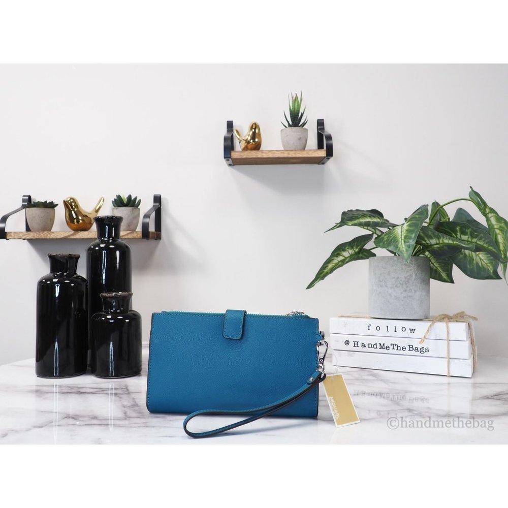 NWT Michael Kors Jet Set Travel Wristlet Blue Leather Large Double Zip Wallet